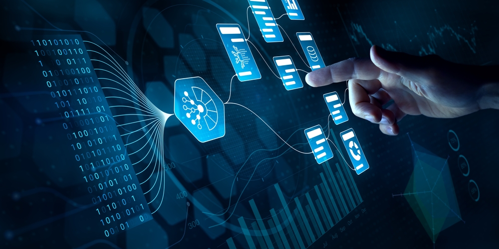 A hand interacts with a digital interface displaying data flow charts, binary code, and graphs, representing concepts of big data, artificial intelligence, or digital analytics.