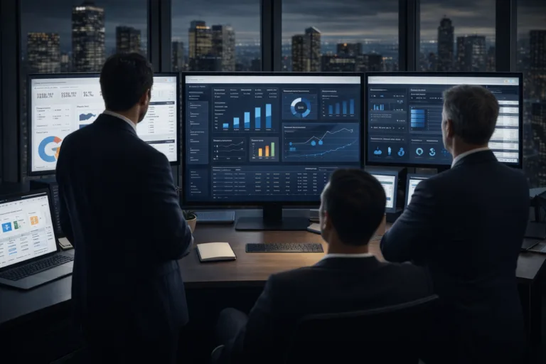 Three men in suits review large screens displaying charts, graphs, and business analytics in an office at night, with a city skyline visible through the windows.