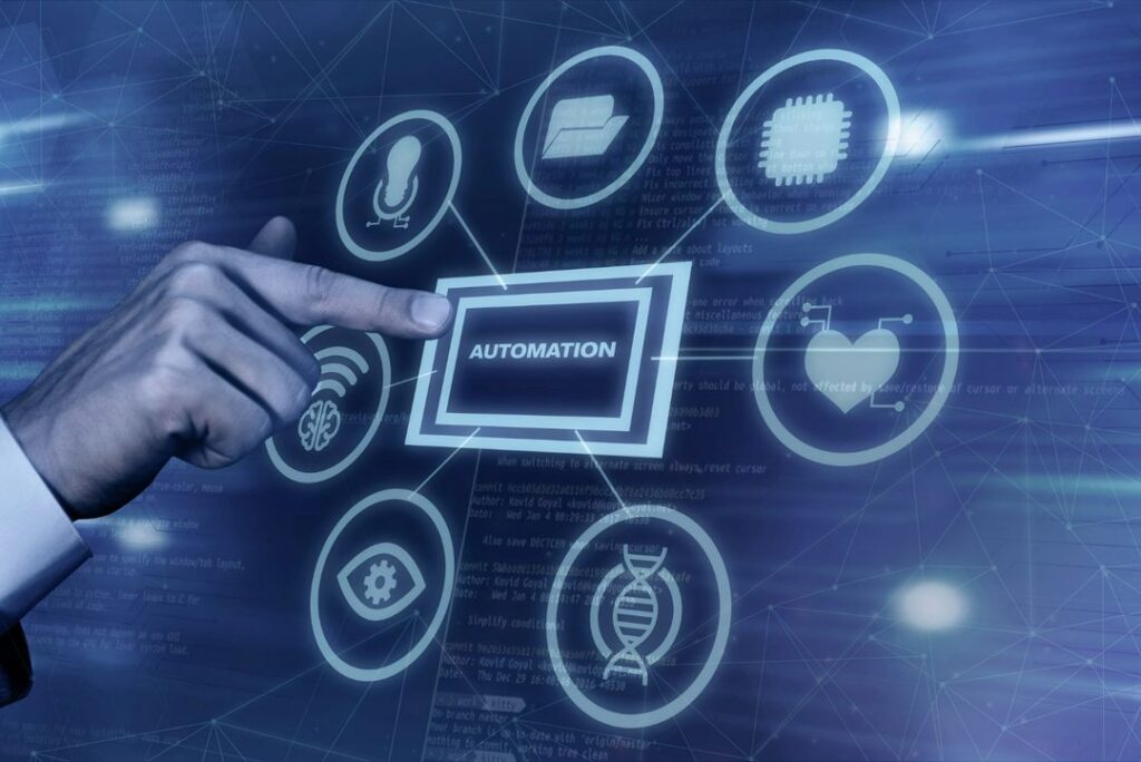 A hand points to a digital screen labeled AUTOMATION, surrounded by technology icons including a microphone, folder, microchip, Wi-Fi, heart, eye, and DNA, all connected by glowing lines.
