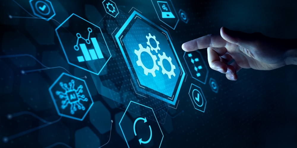 A hand points at a digital interface with glowing blue icons, including gears, charts, and network symbols, representing automation, data, and technology concepts on a dark background.