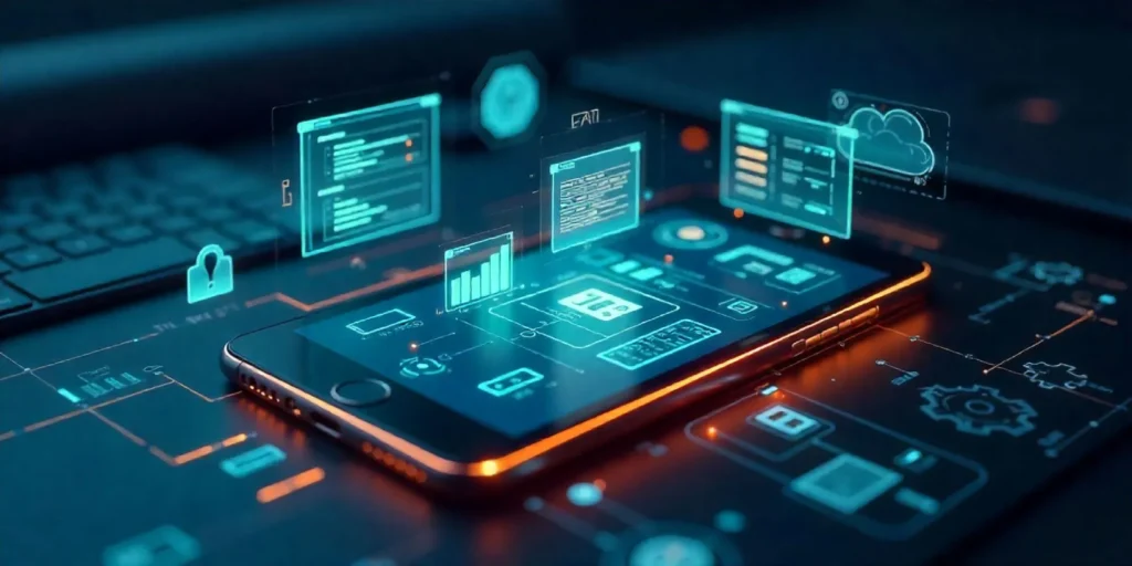 A smartphone on a desk displays glowing digital data charts and code, with holographic interface elements floating above, suggesting high-tech, futuristic technology and connectivity.