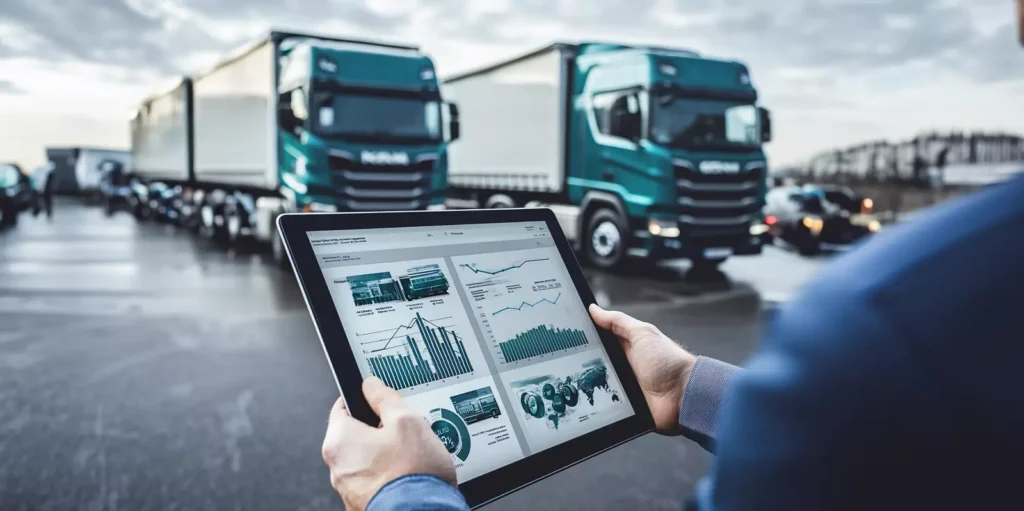 A person holds a tablet displaying logistics and truck performance data while standing in front of two large teal trucks in a parking lot on a cloudy day.