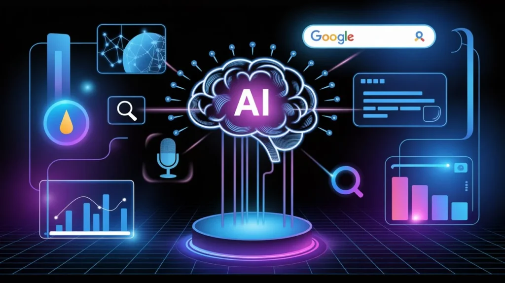 A glowing brain labeled AI is surrounded by digital icons, charts, a microphone, a Google search bar, and data visualizations on a futuristic, neon grid background, representing artificial intelligence and technology integration.