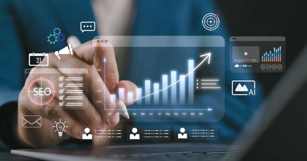A person uses a laptop with virtual graphics showing a rising bar chart, SEO, AI, graphs, and analytic icons, representing data analysis and business growth.