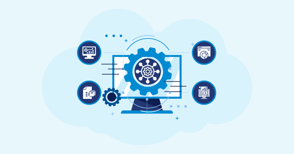 A large blue gear with a network symbol is centered on a computer monitor, surrounded by smaller gears and icons representing analytics, settings, cloud, and web development. The background features light blue cloud shapes.